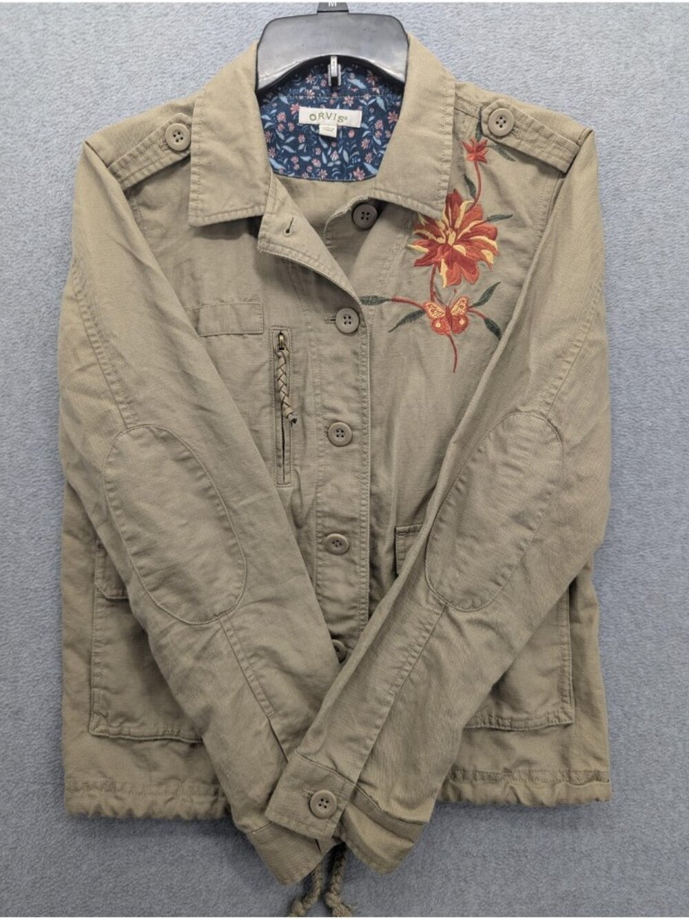Orvis Jacket Womens Small Beige Embroidered Floral Military Button Front Utility